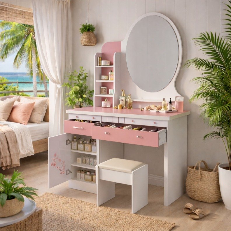 H135 Storage Capacity - Open Drawers View H135 dressing table with open drawers and cupboard showing large storage space for makeup and accessories in Westlands.