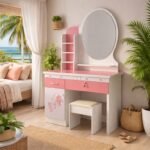 H135 pink and white dressing table set with mirror and stool in a modern Kilimani apartment bedroom.