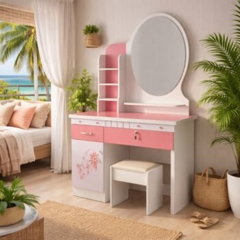 H135 pink and white dressing table set with mirror and stool in a modern Kilimani apartment bedroom.
