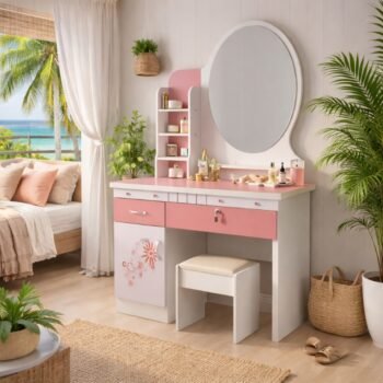 Close-up of H135 makeup vanity table in Kileleshwa featuring organized skincare, lotions, and beauty essentials.