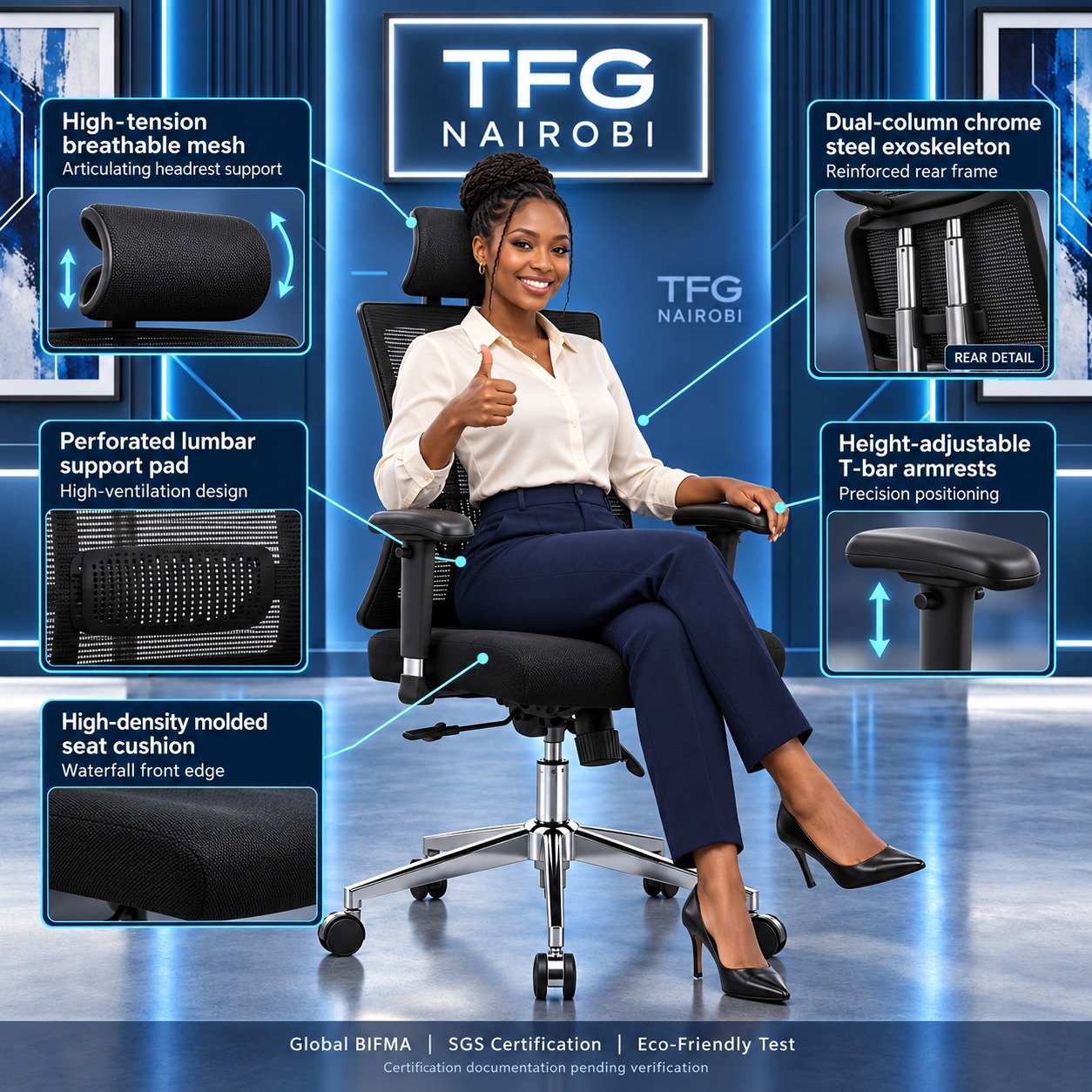 High-Back Ergonomic Mesh Executive Chair with 135° Recline High-back ergonomic mesh executive chair with 135° recline – features infographic showing breathable mesh, adjustable headrest, perforated lumbar pad, T-bar armrests, waterfall seat and chrome steel frame, Northlands, Nairobi