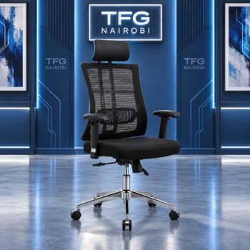 High-back ergonomic mesh executive chair with 135° recline – black mesh chair with padded headrest, lumbar support, armrests and polished metal base, Northlands, Nairobi