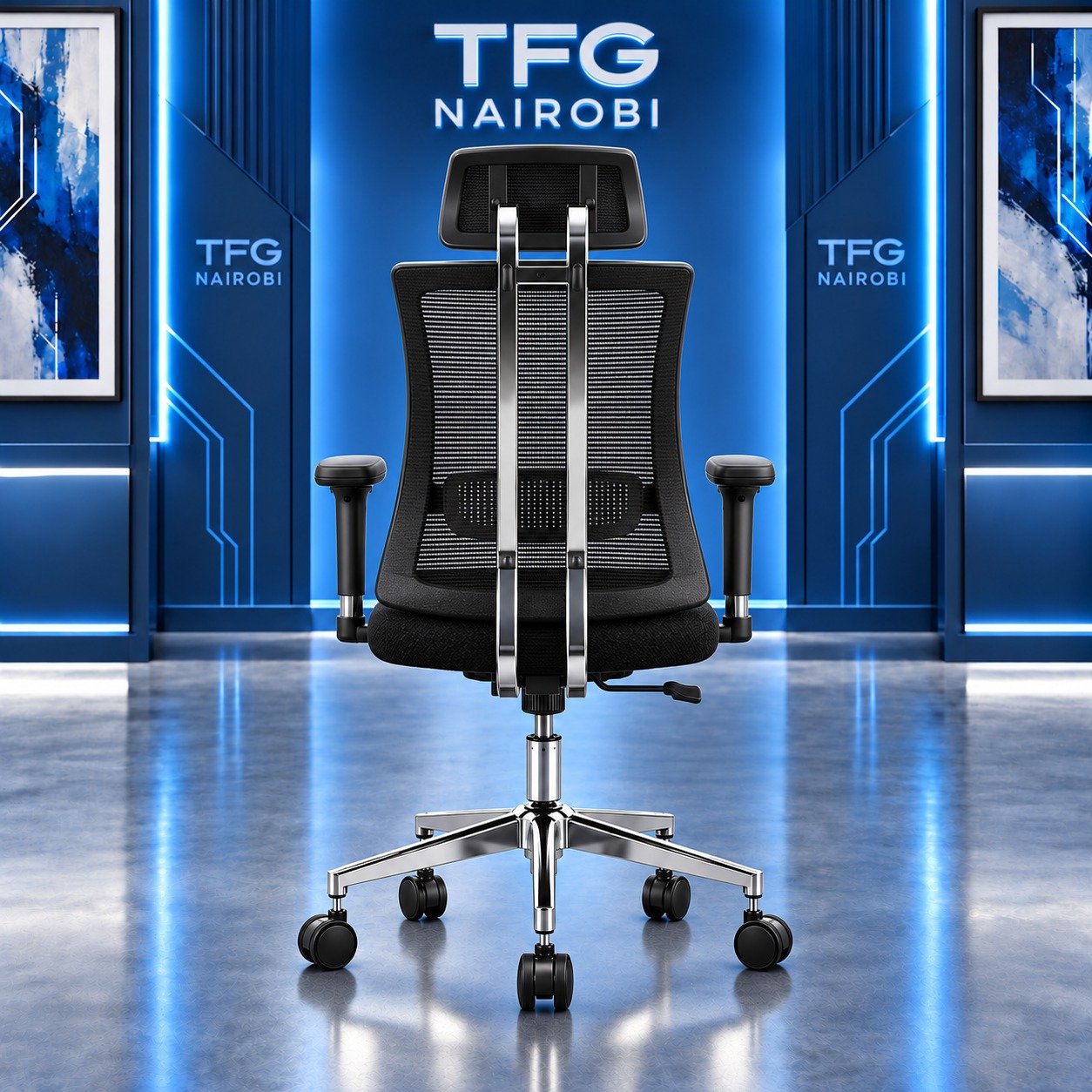 High-Back Ergonomic Mesh Executive Chair with 135° Recline High-back ergonomic mesh executive chair with 135° recline – rear view of black mesh chair with dual chrome steel rear columns, headrest and polished 5-star base, Northlands, Nairobi
