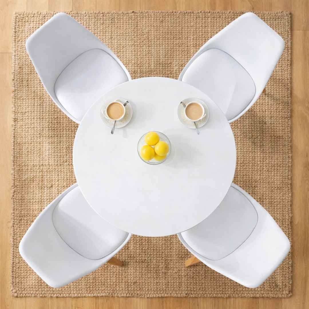 HM7812 Dining Set Bird’s-Eye View Kileleshwa Nairobi Bird’s-eye view HM7812 round dining table with 4 Eames chairs in Kileleshwa apartment Nairobi