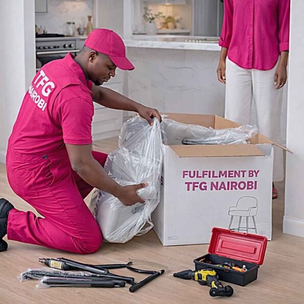 TFG NAIROBI FULFILLMENT TEAM providing free same-day assembly for HZ971 cream tufted bar stools with arms for a client in Hurlingham, Nairobi.