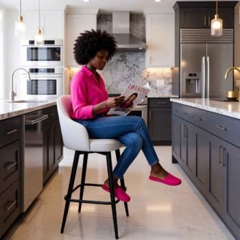 Happy South African expat in Westlands enjoying her HZ971 cream leather bar stool with arms and matte black legs from TFG NAIROBI after delivery delays from international retailers.