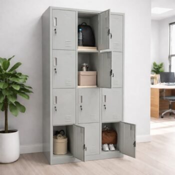Interior view of an open JNRD 12-door locker cabinet showing secure storage of personal belongings in a Kileleshwa office.
