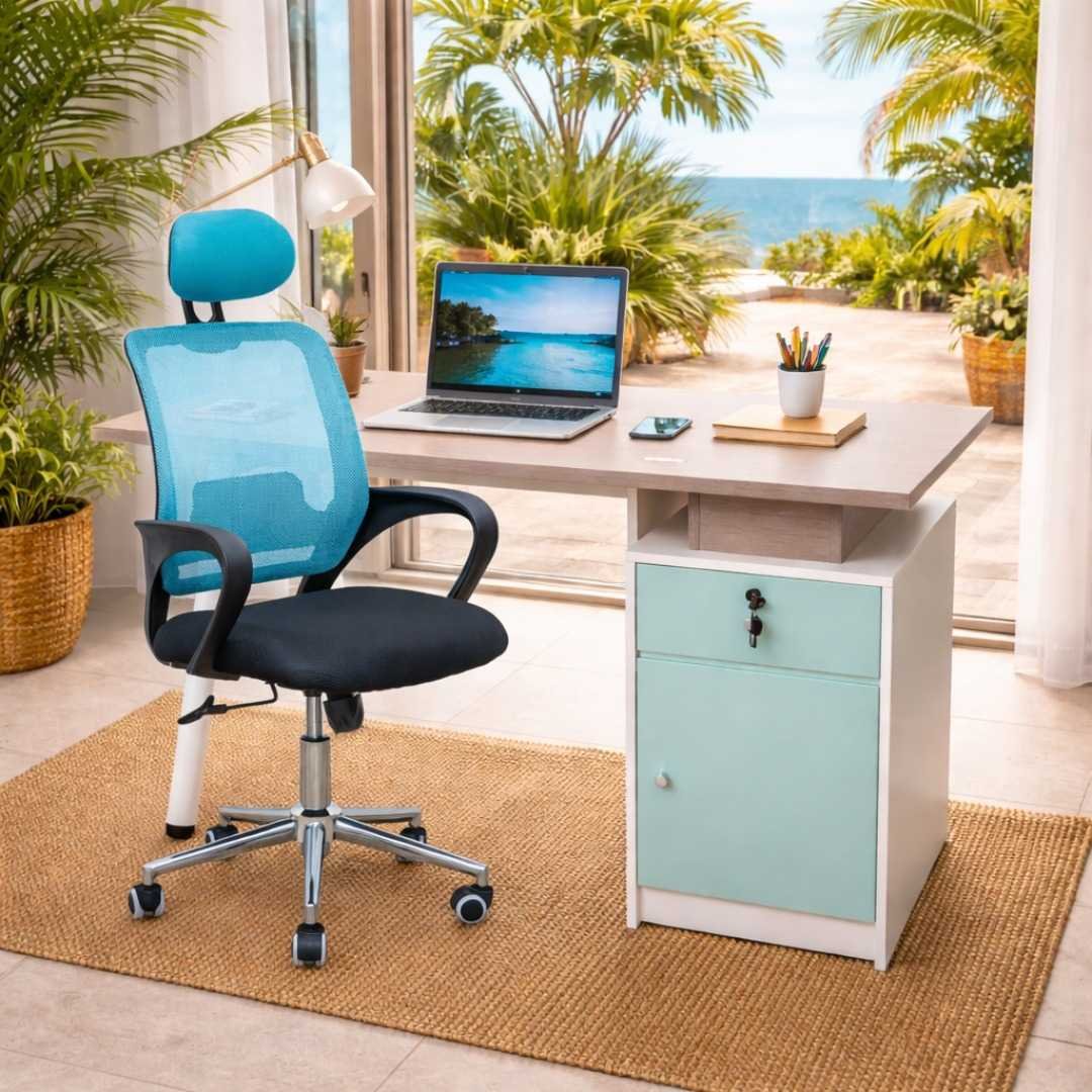 TFG Home Office Set – Diani Edition JNRD1871 modern desk and STAFF PRO8181 high-back chair setup in a Diani coastal home.