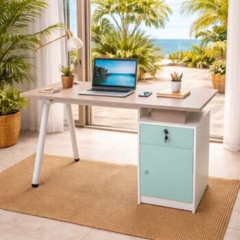 JNRD1871 1.2m home office desk with mint green drawers in a tropical Loresho home, Nairobi.