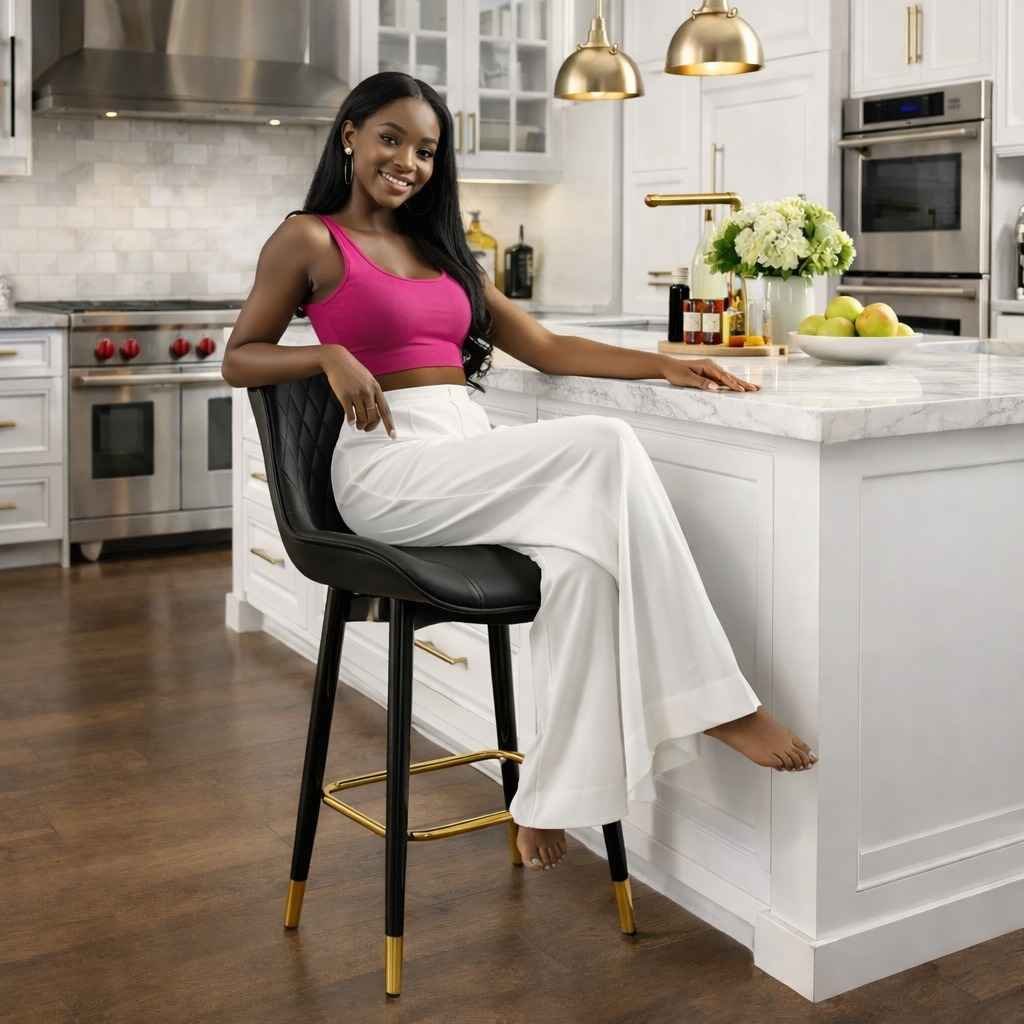 LUX1874 Bar Stool – Langata Residential Showcase LUX1874 Bar Stool black quilted leather kitchen island stool with gold accents in a modern Langata home, Nairobi.