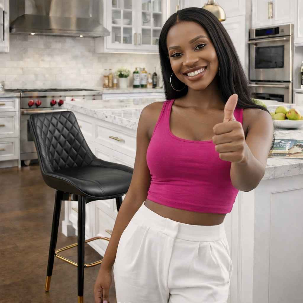 LUX1874 Bar Stool – Kilimani Customer Satisfaction Happy Kilimani customer giving a thumbs-up next to her new LUX1874 black quilted leather kitchen island stool after swift delivery from TFG NAIROBI.