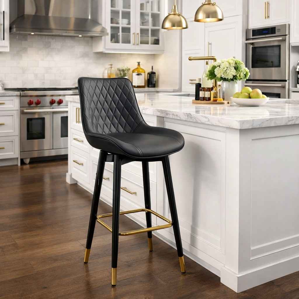 LUX1874 Bar Stool – Karen Luxury Kitchen Collection Luxurious LUX1874 black quilted PU leather bar stool with gold accents and swivel design in a modern Karen kitchen.