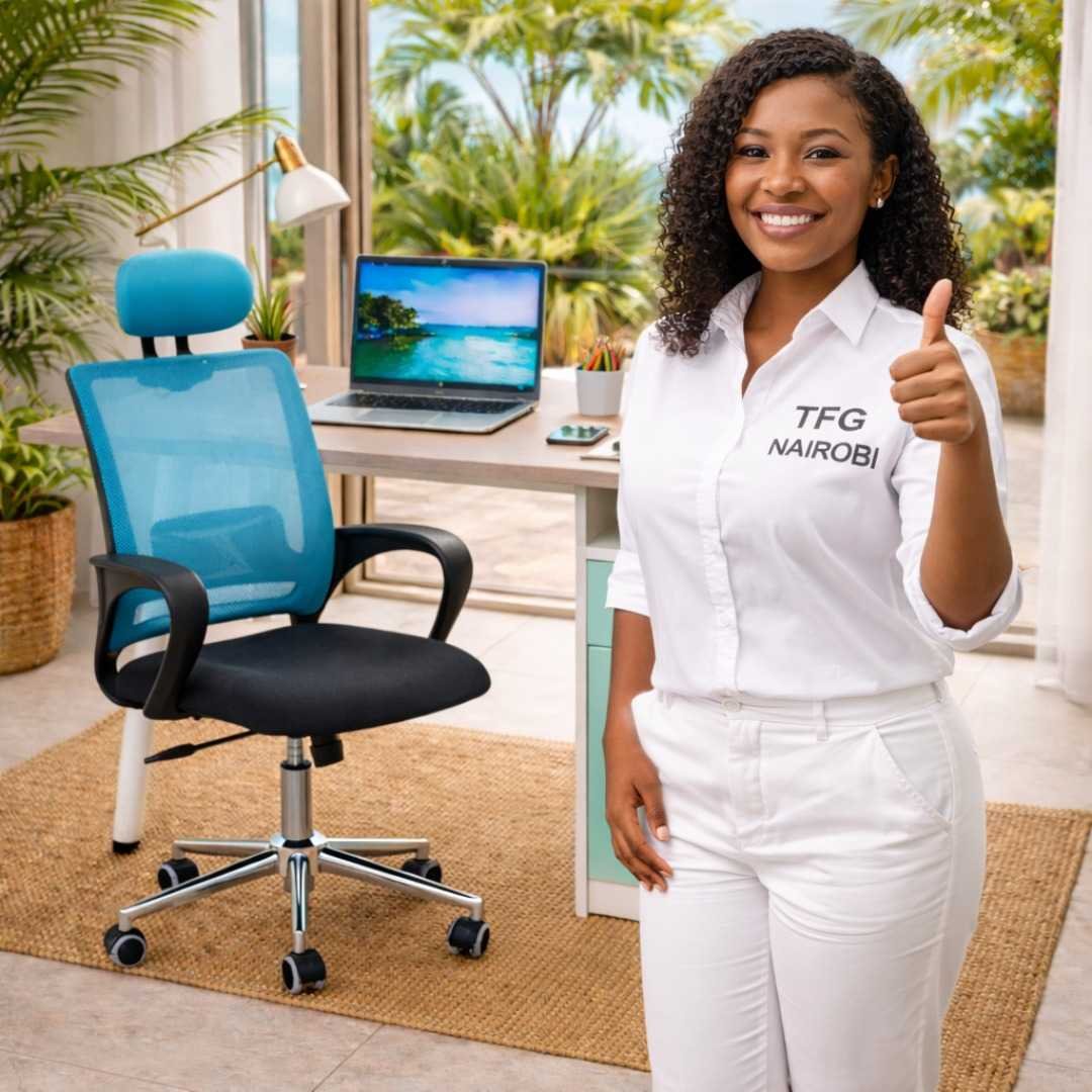 Satisfied Kilimani Customer - TFG Nairobi Happy client in Kilimani, Nairobi, with her JNRD1871 desk and STAFF PRO8181 office chair.