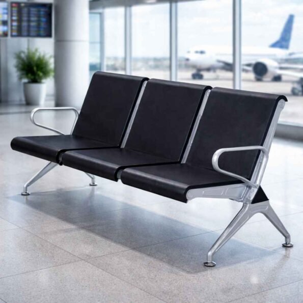 SJ188 3-seater link chair with black PU leather padding at JKIA airport, Nairobi. Title: SJ188 Airport Link Chair – TFG Nairobi