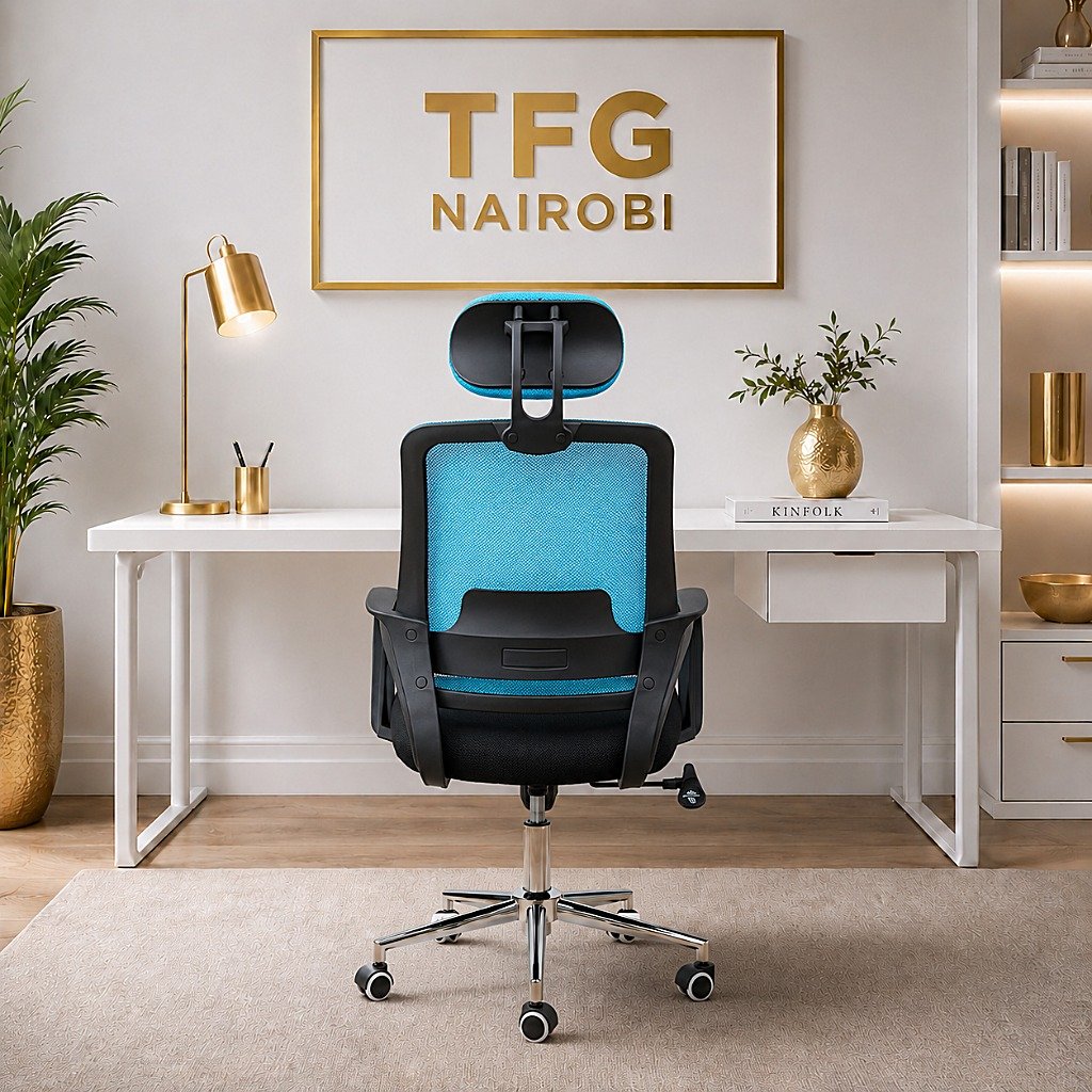 STAFF PRO8181 Blue High-Back Office Chair Back View in Lavington Nairobi Back view of STAFF PRO8181 blue high-back ergonomic office chair with mesh back, headrest and wheels in Lavington, Nairobi, Kenya