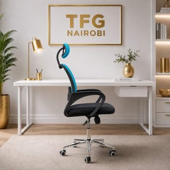 Side view of STAFF PRO8181 blue high-back ergonomic office chair with headrest, mesh back and wheels in Lavington, Nairobi, Kenya