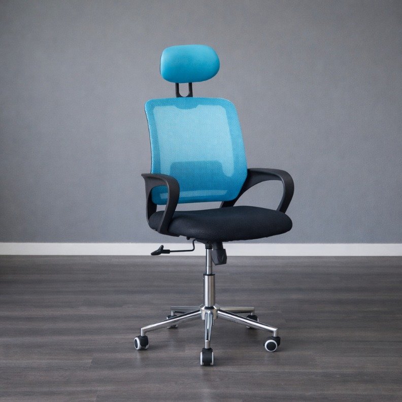 STAFF PRO8181 Side View - TFG Nairobi STAFF PRO8181 high-back office chair with blue mesh and silver base in a Runda executive home office.
