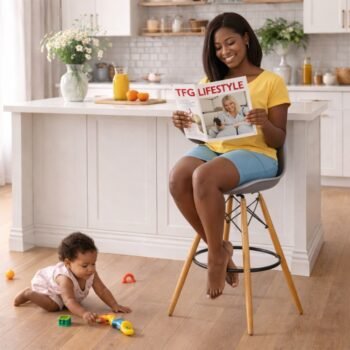 A woman sitting comfortably on a gray EO1801 Eames bar chair reading a magazine in a Westlands apartment.