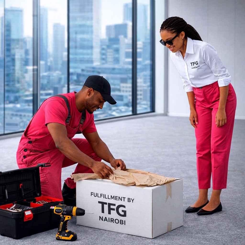 0835G Ergonomic Chair – Kileleshwa Same Day Fulfillment TFG Nairobi technician assembling a 0835G gray mesh office chair for a happy client in Kileleshwa, Nairobi.