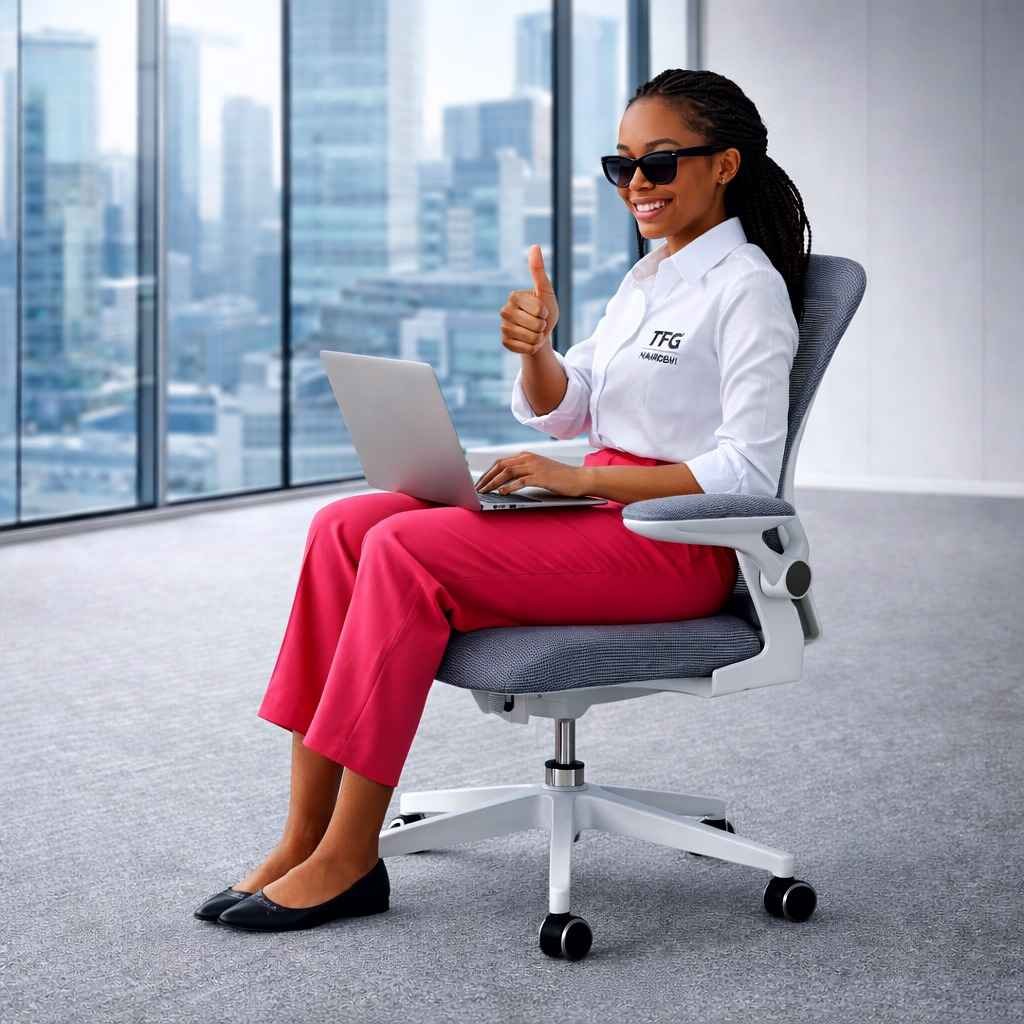 0835G Ergonomic Chair – Gigiri Customer Satisfaction A happy customer giving a thumbs-up while sitting on a 0835G ergonomic office chair with gray mesh and white frame in a Gigiri, Nairobi office.