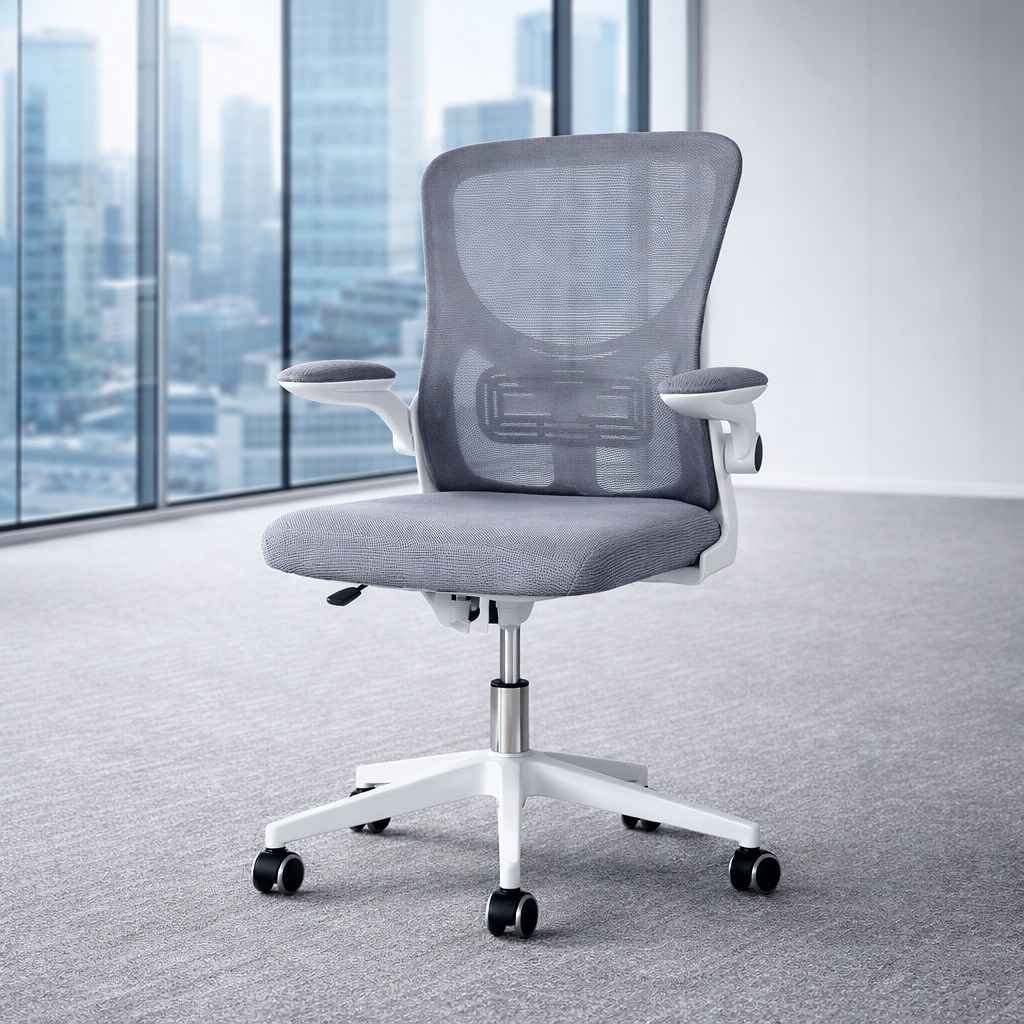 0835G Ergonomic Chair – Upper Hill Executive Edition 0835G ergonomic office chair with gray mesh back, white base, and flip-up arms in a premium Upper Hill Nairobi office setting.