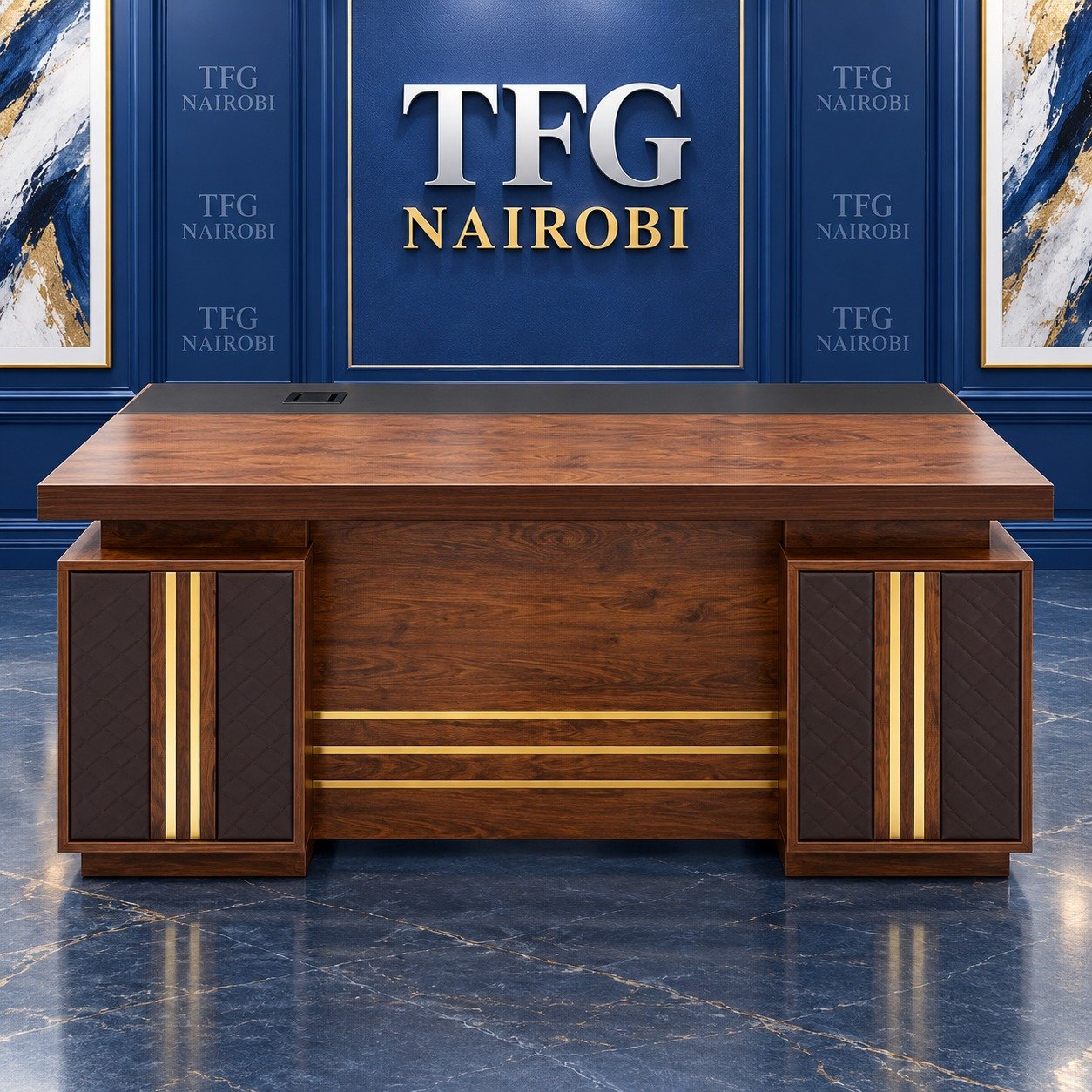 1.4M Executive Wooden Desk with Charcoal Pad & Gold Trim Kenya – Kitisuru Nairobi 1.4M Executive Wooden Desk with Charcoal Pad & Gold Trim Kenya staged in a luxury blue showroom in Kitisuru Nairobi