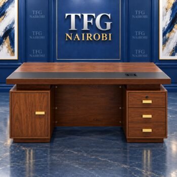 1.4M Executive Wooden Desk with Charcoal Pad & Gold Trim Kenya rear view showing locking storage pedestals and gold handles staged by TFG in Kitisuru Nairobi
