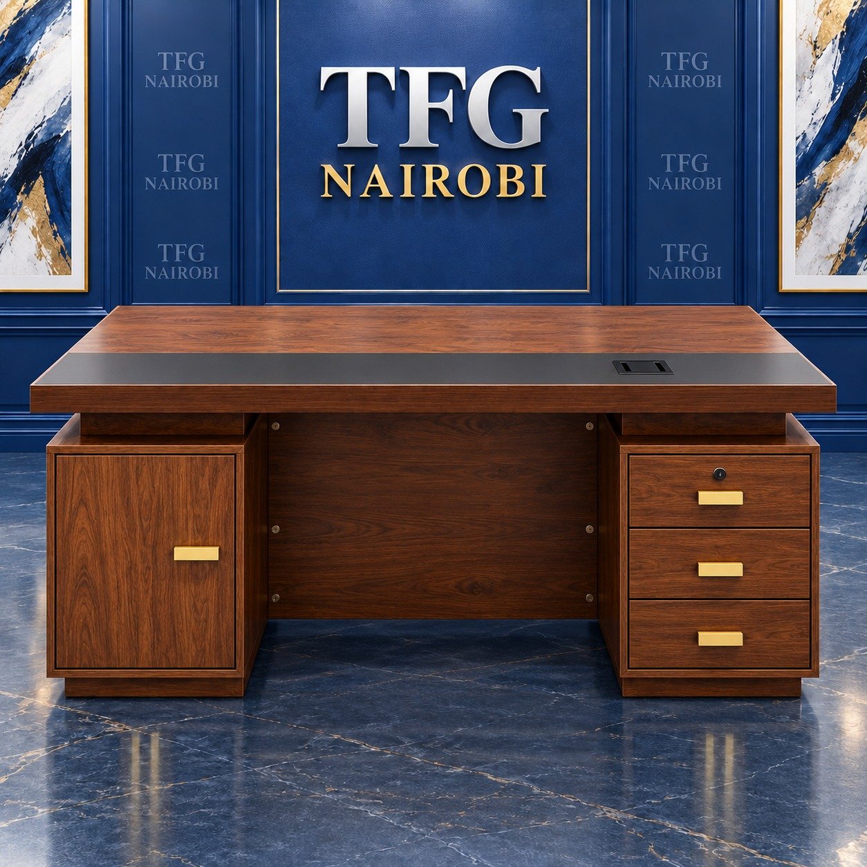 1.4M Executive Wooden Desk with Charcoal Pad & Gold Trim Kenya Rear View – Kitisuru Nairobi 1.4M Executive Wooden Desk with Charcoal Pad & Gold Trim Kenya rear view showing locking storage pedestals and gold handles staged by TFG in Kitisuru Nairobi