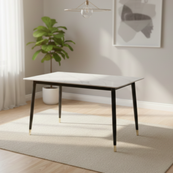 Close-up of JNRD11-1 marble dining table details featuring a white veined marble top and black metal legs with gold tips in Hurlingham, Nairobi.