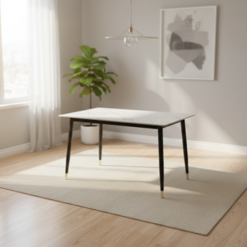 JNRD11-1 marble top dining table with black metal legs and gold tips in a modern Westlands, Nairobi apartment.