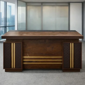JNRDXS-8 1.4m executive office desk with walnut finish, gold trim, and leather detailing in a luxury Gigiri, Nairobi office.