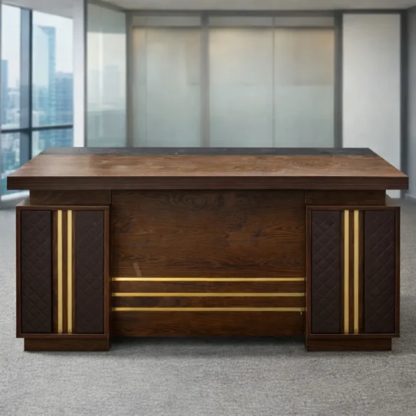JNRDXS-8 1.4m executive office desk with walnut finish, gold trim, and leather detailing in a luxury Gigiri, Nairobi office.