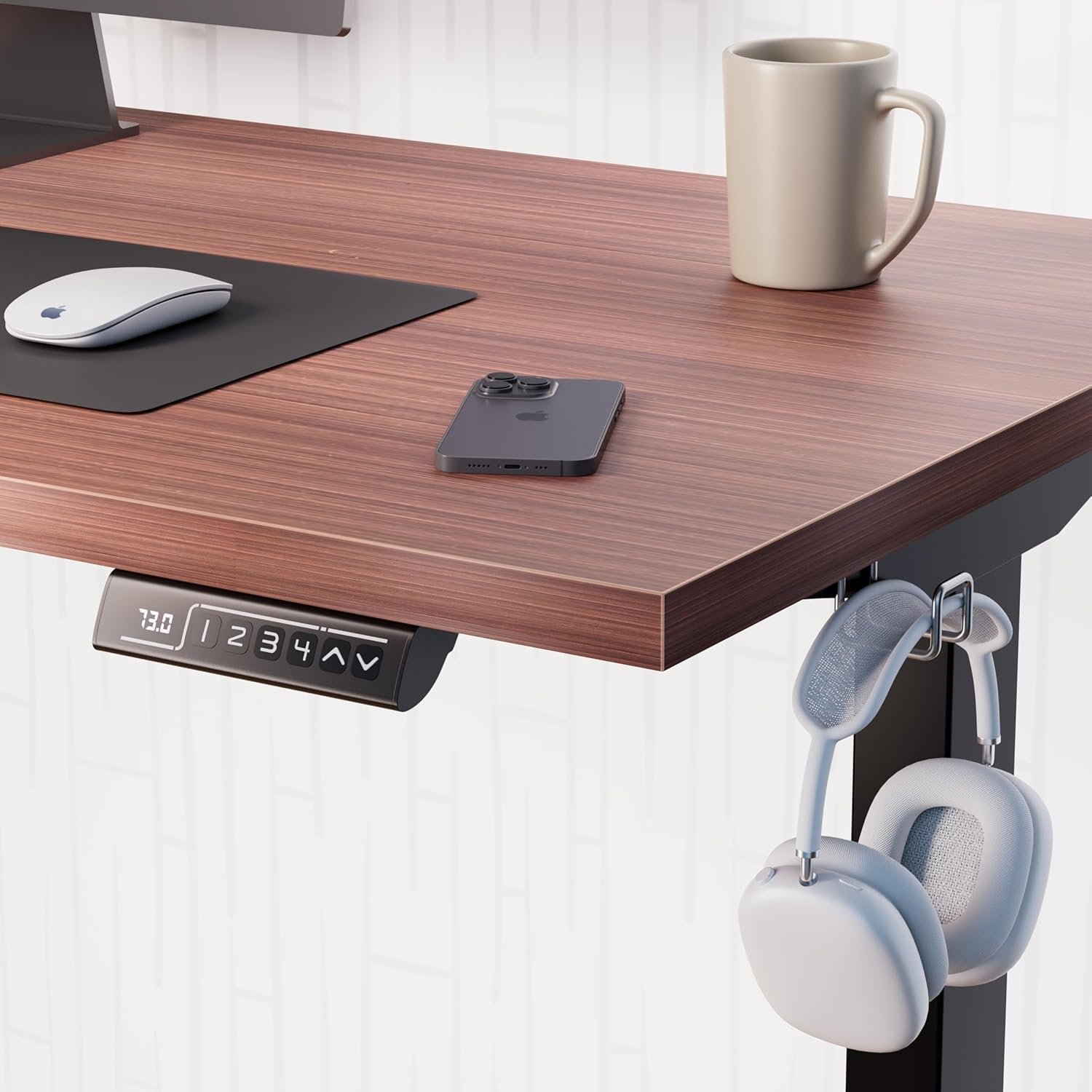 AERO1818 Standing Desk - Hurlingham Detail & Controller Close-up of AERO1818 electric standing desk with digital memory presets and walnut finish in Hurlingham Nairobi, from TFG Nairobi.