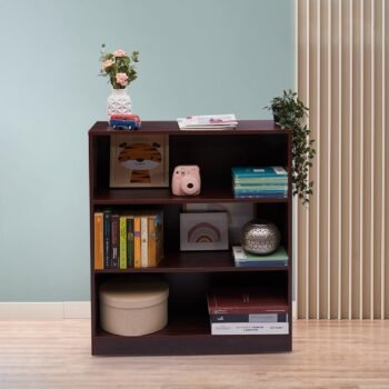 TFG111-1 premium walnut mini bookshelf with 3 shelves in a Westlands Nairobi apartment living room.