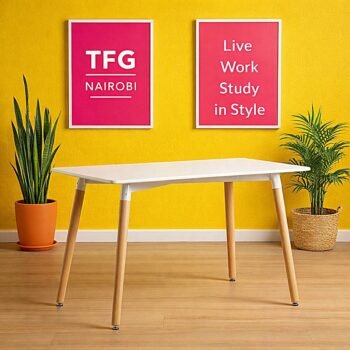 EO1608 Eames dining table white eames table with wooden legs staged in a luxury modern dining room in Karen Nairobi.