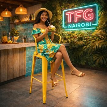 A smiling lady in a tropical dress enjoying a coconut drink while sitting on a yellow HFY-4088 metallic bar chair at a vibrant Mpaka Road kitchen bar in Westlands, Nairobi.