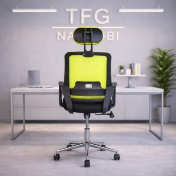 Rear view of STAFF PRO8182 lime green mesh ergonomic office chair with chrome base and headrest in a Karen Nairobi home office.