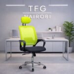 Front headshot of STAFF PRO8182 High-Back Office Chair green ergonomic office chair with headrest and mesh back in a Westlands Nairobi executive office.