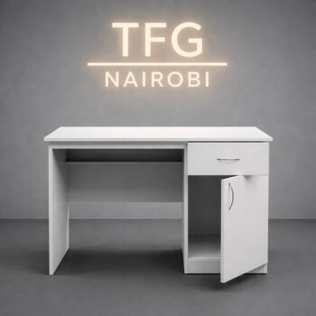 TFG DS54 white home office desk with open storage drawer and cupboard in a Hurlingham Nairobi professional setting.
