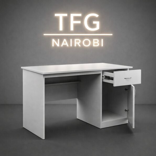 TFG DS54 white home office desk with drawers and cupboard for storage in an Imara Daima Nairobi home office.