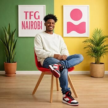 Young man relaxing on a red EO1300R Eames molded plastic chair with wooden legs in a luxury Rosslyn Nairobi home on Red Hill Road.
