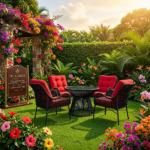 A premium BRE400 AMBOSELI Patio Table + 4 Chairs and crimson red cushions around a round glass-top table in a luxury garden in Mimosa, Runda, Nairobi.