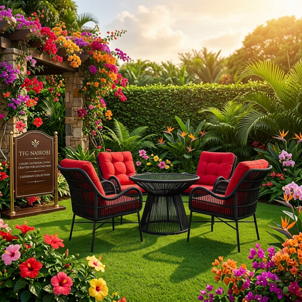 A premium BRE400 AMBOSELI Patio Table + 4 Chairs and crimson red cushions around a round glass-top table in a luxury garden in Mimosa, Runda, Nairobi.