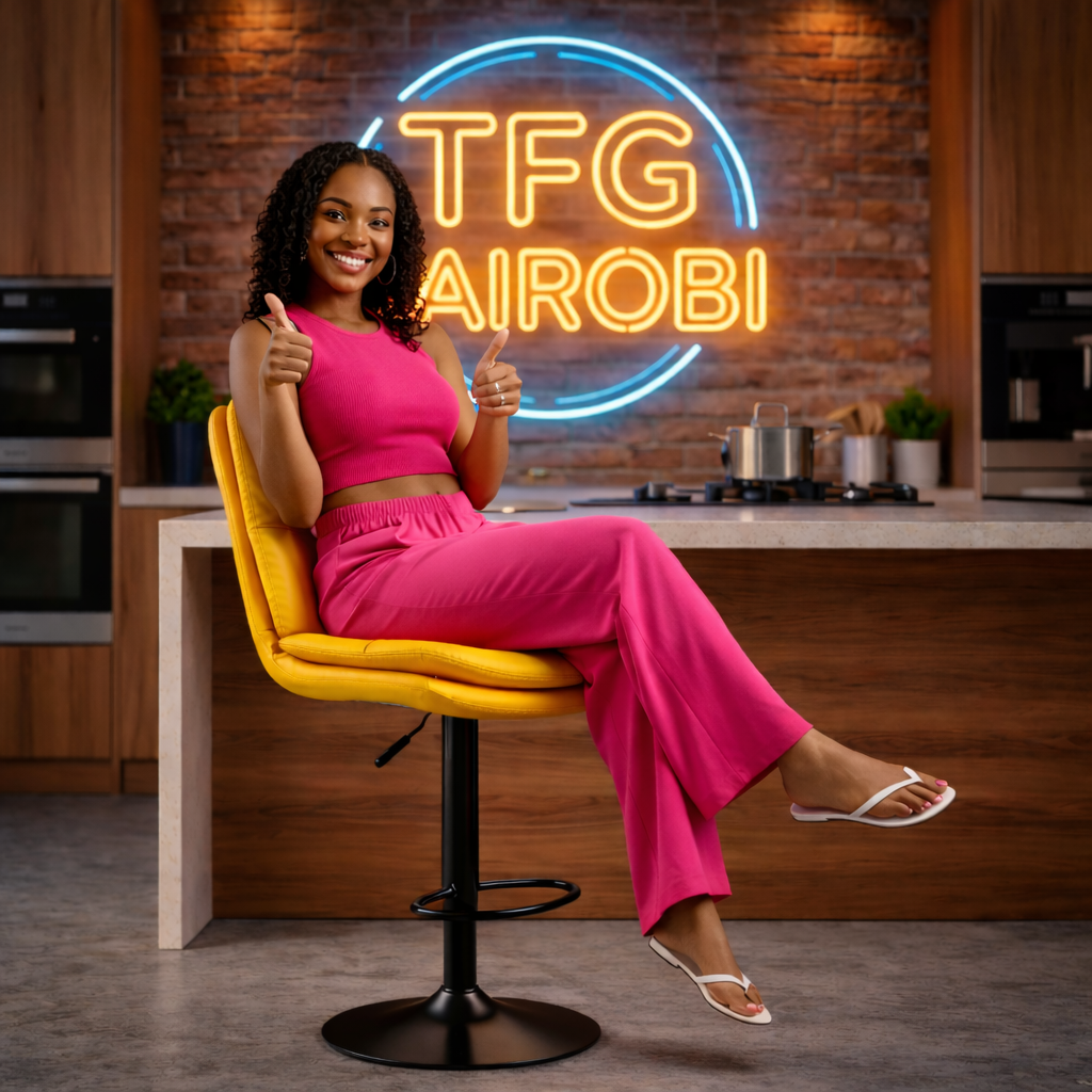 JH296-1 Bar Stool Customer Approval – Muthaiga Collection A smiling lady giving a thumbs up while seated on a JH296-1 yellow leather swivel bar stool in a premium kitchen at Mua Park Road, Muthaiga, Nairobi.