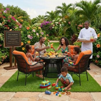 A happy family enjoys an outdoor meal at the BOR400 Amboseli 4-seater patio dining set in a lush garden in Mimosa, Runda, while a chef serves them, highlighting the premium lifestyle experience offered by TFG Nairobi.