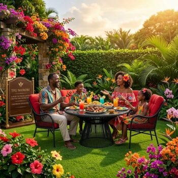 A happy family enjoying an afternoon meal sitting on the BRE400 Amboseli 4-seater patio dining set featuring black rattan chairs and crimson red cushions in a prestigious garden in Mimosa, Runda, Nairobi.