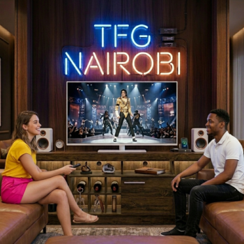 A couple watching a 65-inch TV on a West Elm CD29 wooden TV stand with wine storage in a luxury Kilimani Airbnb living room.