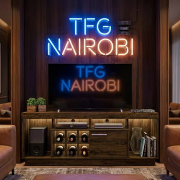 West Elm CD29 wooden TV stand with premium smooth finish and wine storage in a luxury Airbnb living room in Kilimani, Nairobi.