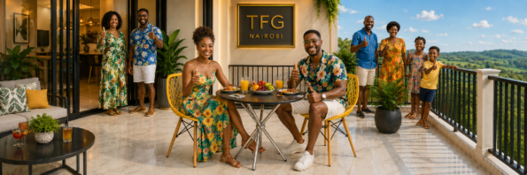 Happy Nairobi family giving thumbs up approval for the The ECBT3-2 Yellow Balcony Set — The Ultimate Outdoor Bistro Set in Nairobi – couple seated at a round black glass-top table with bold yellow lattice-back chairs on a luxury marble balcony overlooking lush green Nairobi treeline in Karen, Nairobi, Kenya