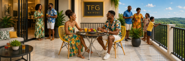 ECBT3-2 Yellow Balcony Set — The Ultimate Outdoor Bistro Set by Eames & Vitra Nairobi – couple enjoying an al fresco meal on a luxury marble balcony in Karen, Nairobi, with two bold yellow lattice-back chairs and a round black glass-top table overlooking a lush green Nairobi treeline